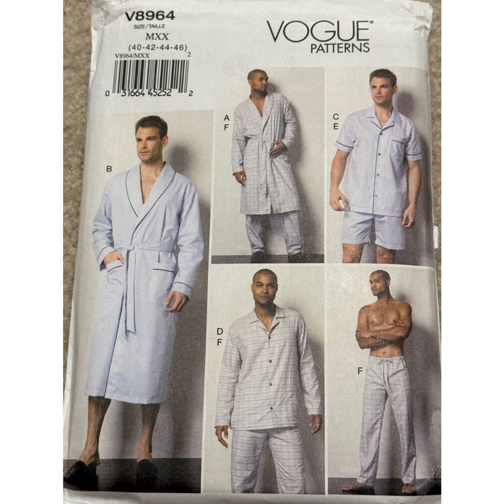 Vogue men's pajama and robe sewing pattern Extra Large